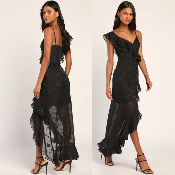 NWT Lulu’s Forever Be Black Floral Jacquard Ruffled Maxi Dress - Picture 2 of 8